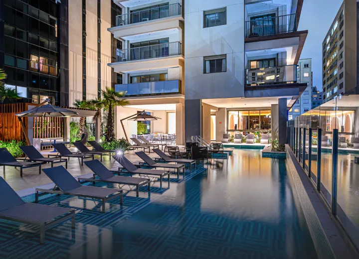 Outdoor area at Ayra Higienópolis with pool and gourmet kitchen